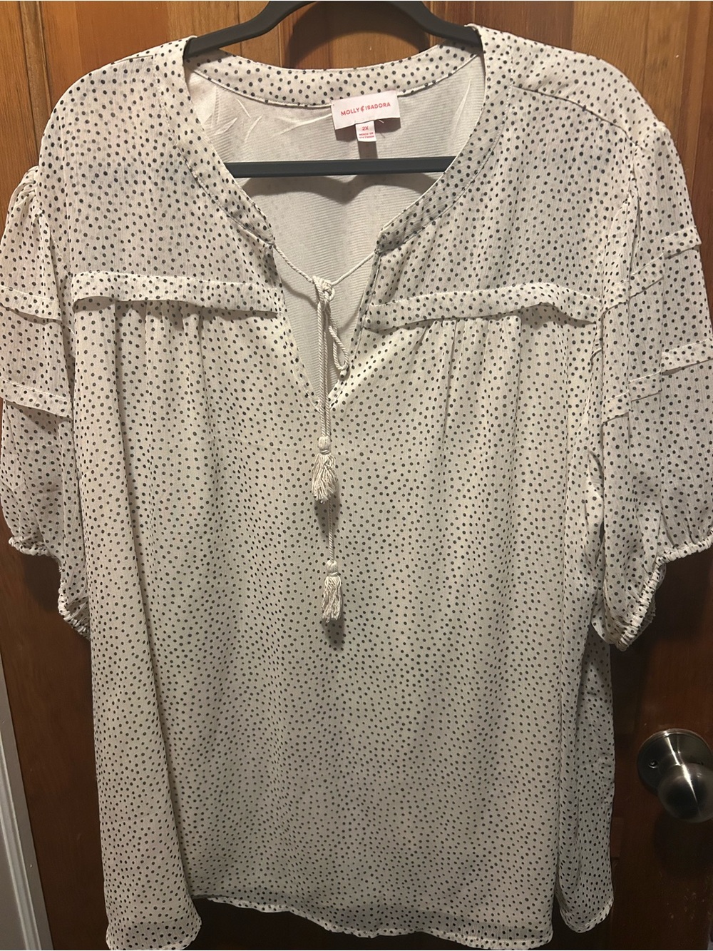 Ivory Polka Dot Tie-Front Peasant Blouse